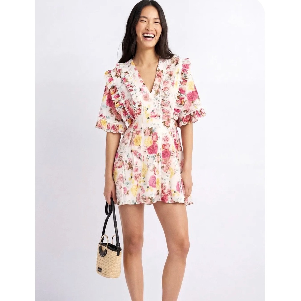 La Maison Talulah TeaTime Mini Dress Large Floral Ruffle Puff Sleeve Cottagecore
